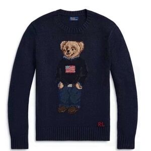 Vintage Polo Ralph Lauren Bear Sweater Navy Knit OG RL Polo Bear USA Flag